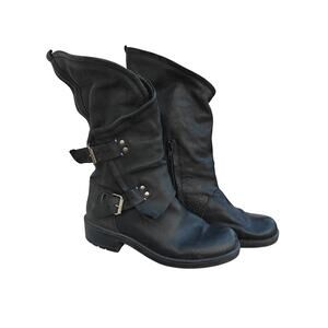 Coolway Black Leather Moto Boots Buckle Strap Lug Sole Size 40